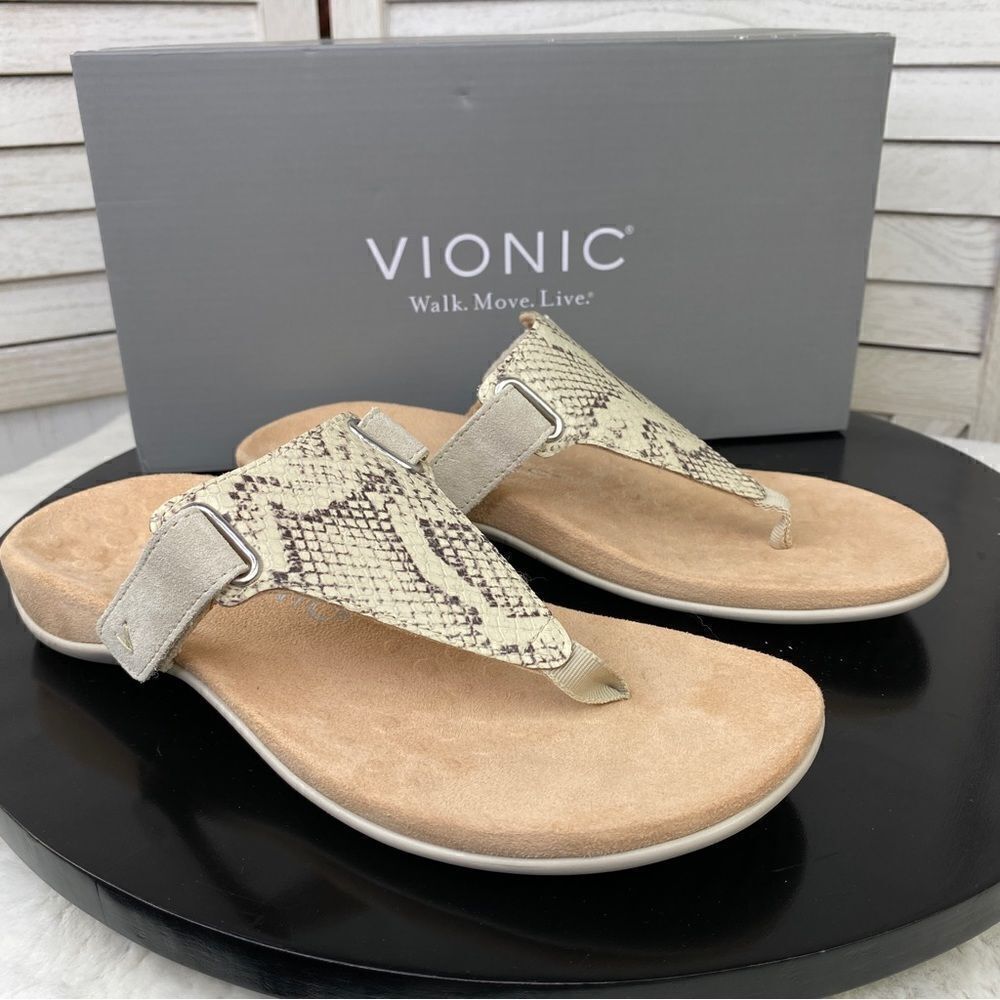 Vionic Wanda Leather T-strap Thing Sandals Beige 7 Bone Snake Embossed